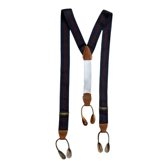 Brooks Brothers Mens Navy Maroon Stripe Adjustable Button Suspender Silk Leather - Picture 1 of 8